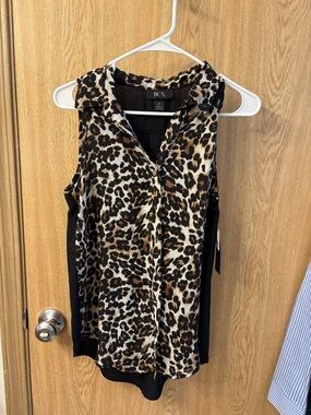BCX Leopard Print Collared Sleeveless Top - Black and Brown